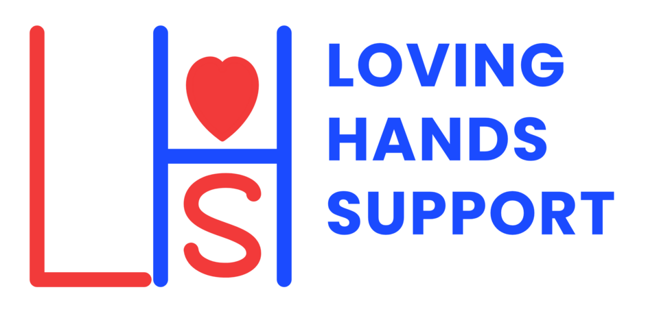 Loving Hands Support logo: red L, blue H with a heart and S